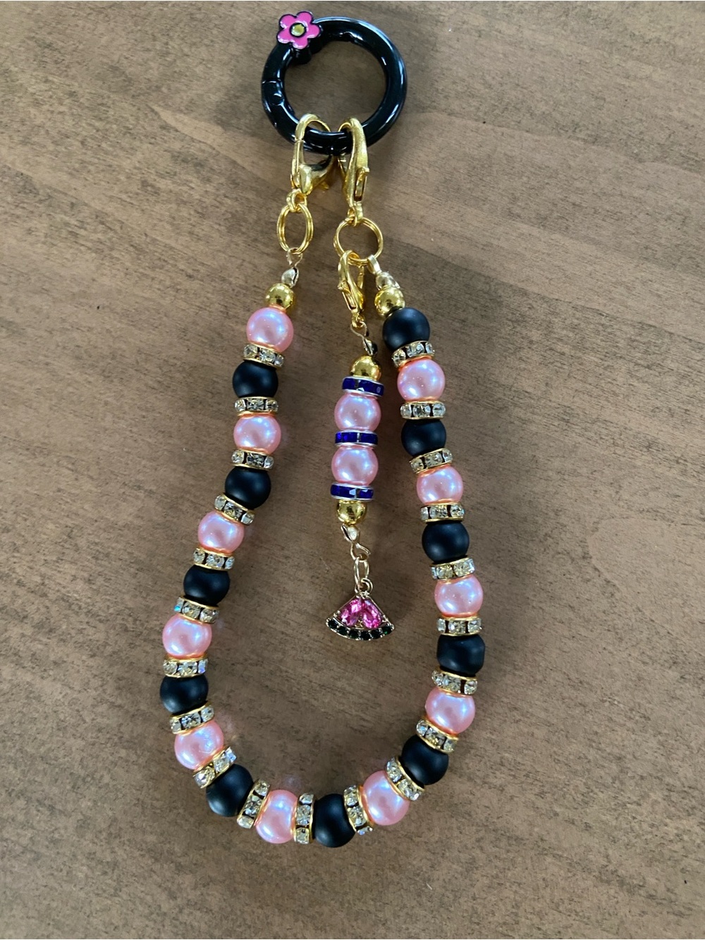 Beaded Pink and Black Charm Phone Wristlet with Gold Accents